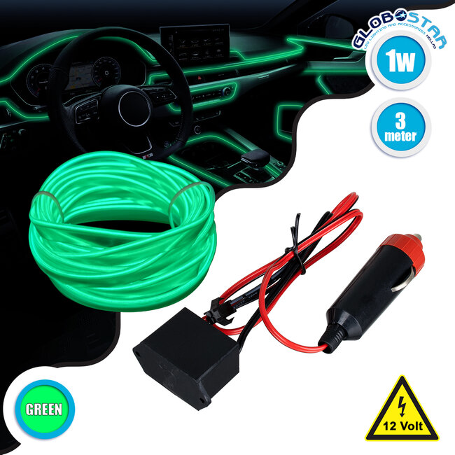82209 TUBE 360° Degree Διακοσμητική EL-Wire Neon Αυτοκινήτου Κορδόνι ΣΕΤ 3m 1W/3m 30lm/m 360° DC 12V με Βύσμα Αναπτήρα Αυτοκινήτου Αδιάβροχη IP68 Πράσινο - 1