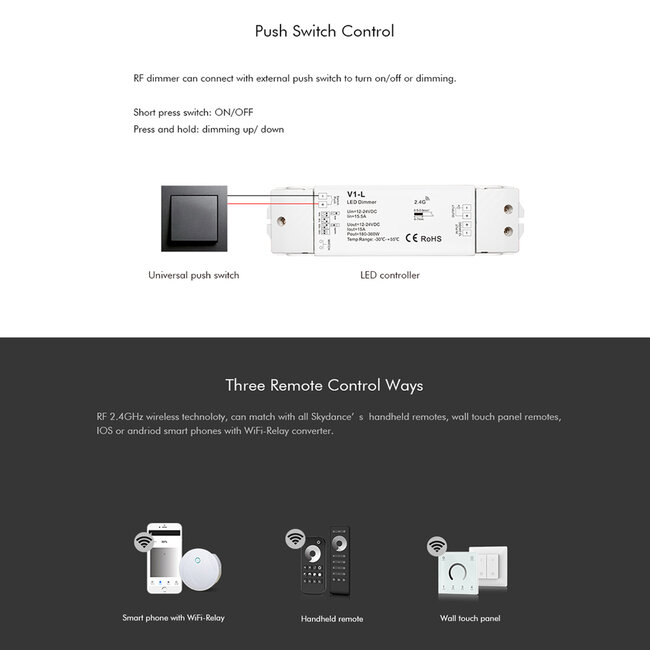 71568 V1-L SKYDANCE DC RF 2.4Ghz Dimmer High Speed Controller & Push Dimming 1 Κανάλι DC 12-48V 1 x 15A 480W - Max 15A 480W - IP20 Μ17.5 x Π4.5 x Υ2.5cm - 5 Years Warranty - 10