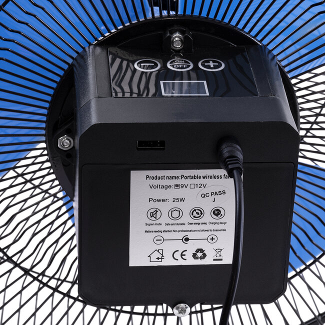 SOLARO-FAN 85351 Solar Fan Αυτόνομος Ηλιακός Επιδαπέδιος Ανεμιστήρας 25W 2 Λειτουργιών Ρεύματος με AC 220-240V ή με Φωτοβολταϊκό Panel 9V 12W & Επαναφορτιζόμενη Μπαταρία Li-ion 7.4V 4400mAh - 12 Ταχύτητες - Ενσωματωμένο USB 2.0 Charger Συσκευών - IP20 - Μ42 x Π20 x Υ35cm - Μαύρο & Μπλε -  - 10