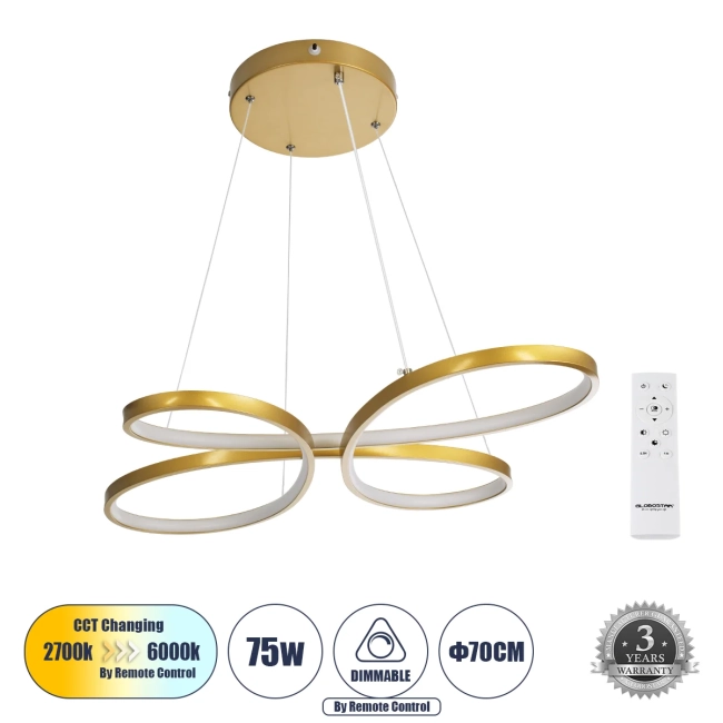 BUTTERFLY 61393 Μοντέρνο Κρεμαστό Φωτιστικό Οροφής LED 75W 7500lm 300° AC 220-240V IP20 Ρυθμιζόμενο Λευκό CCT με Χειριστήριο από 2700K έως 6000K Dimmable - Lumileds SMD Chip - Χρυσό Βούρτσας - Μ70 x Π55 x Υ4cm - 3 Χρόνια Εγγύηση