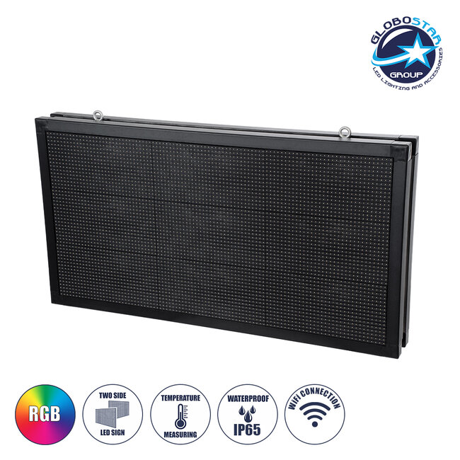 GloboStar® DISPLAY 90299 LED Scrolling Display 96x48cm - Κυλιόμενη Ψηφιακή Πινακίδα / Επιγραφή Διπλής Όψης P10 LED SMD AC 220-240V - Λειτουργία μέσω Wi-Fi με Εφαρμογή APP - Αισθήτηρας Θερμοκρασίας και Υγρασίας - Αδιάβροχο IP65 - Μ102 x Π11 x Υ54.5cm - RGB - 1 Χρόνο Εγγύηση