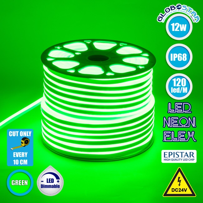 70564 OVALE 120° Degree Neon Flex Epistar LED SMD 2835 1m 12W/m 120LED/m 1212lm/m 120° DC 24V Αδιάβροχη IP68 Πράσινο Dimmable