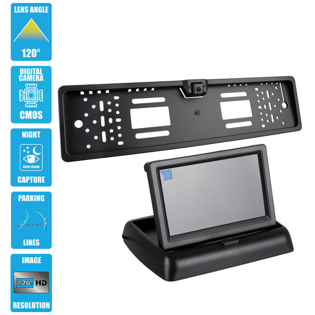 86013 Πλαίσιο Πινακίδας Αυτοκινήτου με Ενσωματωμένη Αδιάβροχη Κάμερα Οπισθοπορείας 720p HD CMOS Signal 170° DC 12V και Πτυσσόμενη Οθόνη 4.3