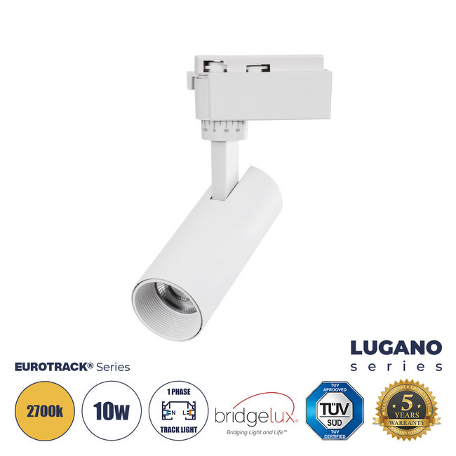 LUGANO 60802 Μονοφασικό Φωτιστικό Σποτ Ράγας LED 10W 1200lm 36° Acrylic HQ LENS AC 220-240V IP20 Φ4.5 x Υ19cm Θερμό Λευκό 2700K - EUROTRACKSystem 1L+1N - Λευκό - Bridgelux Chip - TÜV Certified Driver - 5 Χρόνια Εγγύηση