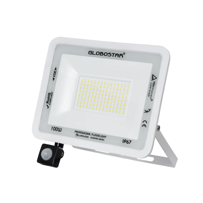  AURORA 61444 Προβολέας με Ανιχνευτή PIR / Αισθητήρα Κίνησης LED 100W 12500lm 120° AC 220-240V Αδιάβροχο IP67 Ψυχρό Λευκό 6000K - Lumileds SMD Chip - TÜV Rheinland Certified - Λευκό Ματ - Μ25 x Π6.5 x Υ27.5cm - 3 Χρόνια Εγγύηση