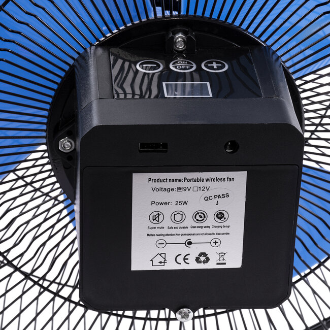 SOLARO-FAN 85351 Solar Fan Αυτόνομος Ηλιακός Επιδαπέδιος Ανεμιστήρας 25W 2 Λειτουργιών Ρεύματος με AC 220-240V ή με Φωτοβολταϊκό Panel 9V 12W & Επαναφορτιζόμενη Μπαταρία Li-ion 7.4V 4400mAh - 12 Ταχύτητες - Ενσωματωμένο USB 2.0 Charger Συσκευών - IP20 - Μ42 x Π20 x Υ35cm - Μαύρο & Μπλε -  - 9