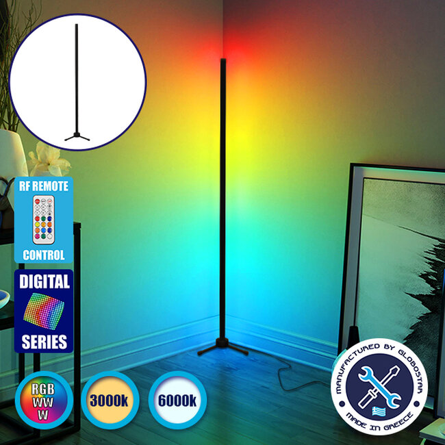 Μοντέρνο Minimal Επιδαπέδιο Μαύρο Φωτιστικό 100cm LED 16 Watt με Ασύρματο Χειριστήριο 2.4G RF & Dimmer RGBW+WW Πολύχρωμο Digital Magic Dot Pixel  ALIEN Design GLOBO-100-11