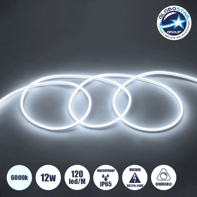70570 OVALE 120° Degree Neon Flex Epistar LED SMD 2835 1m 12W/m 120LED/m 1320lm/m 120° DC 230V Αδιάβροχη IP68 Ψυχρό Λευκό 6000K Dimmable