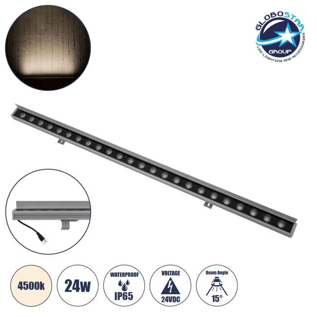 WASHERFAIA 90187 Μπάρα Φωτισμού Wall Washer με Αντιθαμβωτική Γρίλια LED 24W 2760lm 15° DC 24V Αδιάβροχο IP65 Φυσικό Λευκό 4500K Dimmable - Bridgelux SMD Chip - Ασημί - Μ100 x Π4 x Υ5.5cm - 3 Χρόνια Εγγύηση