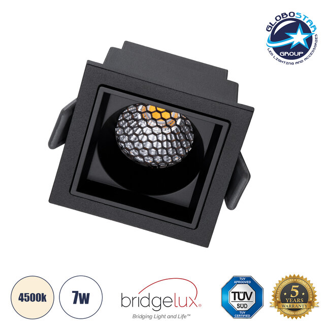 PLUTO-S 60268 Χωνευτό LED Spot Downlight TrimLess Μ6.4xΠ6.4cm 7W 910lm 38° AC 220-240V IP20 Μ6.4 x Π6.4 x Υ4.9cm - Τετράγωνο - Μαύρο & Anti-Glare HoneyComb - Φυσικό Λευκό 4500K - Bridgelux COB - 5 Years Warranty