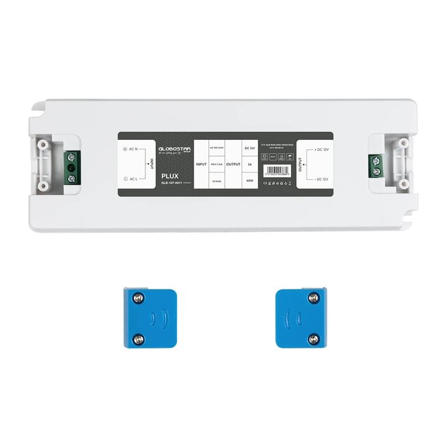 PLUX GLB-107-0011 Τροφοδοτικό/Μετασχηματιστής Class II SELV 60W 5A AC 220-240V σε DC 12V IP20 - Λευκό Ματ - Μ18.5 x Π6.4 x Υ2.2cm - 3 Χρόνια Εγγύηση - 6
