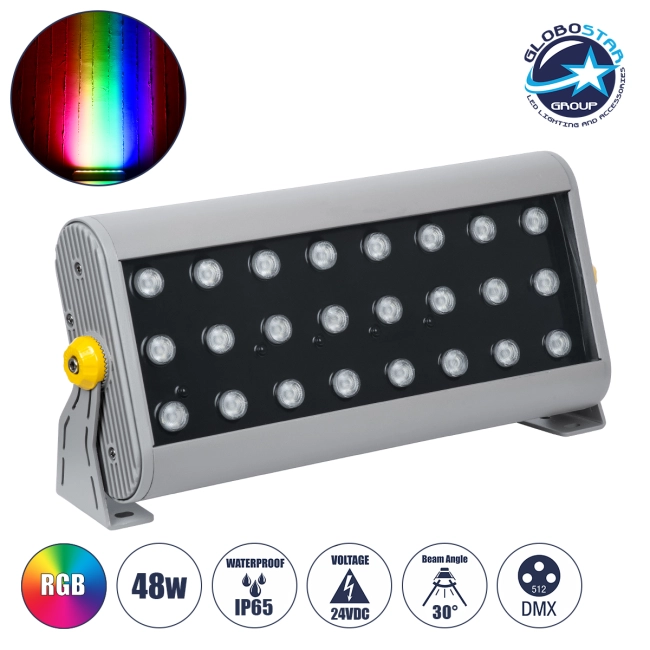 FLOODHENA 90643 Προβολέας Σποτ Wall Washer LED 48W 3840lm 30° DC 24V Αδιάβροχο IP65 Πολύχρωμο RGB Dimmable DMX512 - Bridgelux SMD Chip - Γκρι Ανθρακί - Μ39 x Π6 x Υ17cm - 3 Χρόνια Εγγύηση