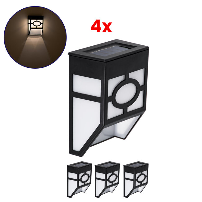 85707 ΣΕΤ 4 Τεμαχίων Αυτόνομα Ηλιακά Φωτιστικά Τοίχου Μαύρα-Λευκά LED SMD 1W 100lm με Ενσωματωμένη Μπαταρία 600mAh - Φωτοβολταϊκό Πάνελ με Αισθητήρα Ημέρας-Νύχτας Αδιάβροχα IP65 Θερμό Λευκό 3000K