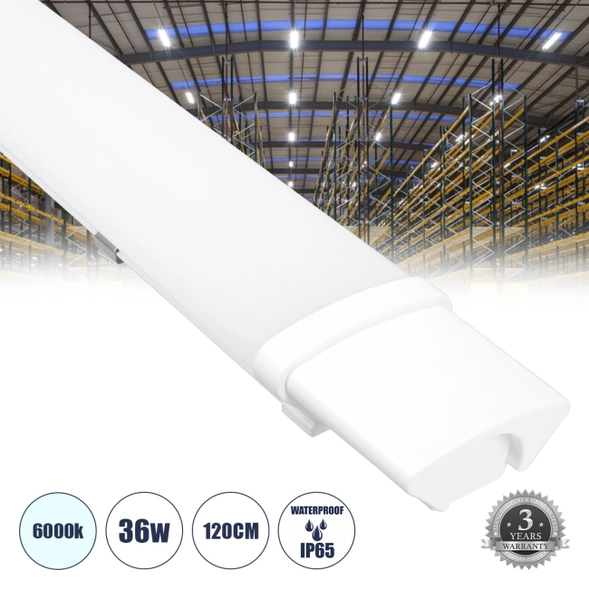 BIOMI 60164 Γραμμικό Βιομηχανικό Φωτιστικό Tri-Proof LED 36W 4058lm 120° AC 220-240V Αδιάβροχο IP65 Ψυχρό Λευκό 6000K - Lumileds SMD Chip - Μ120 x Π6 x Υ4cm - 3 Χρόνια Εγγύηση