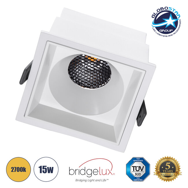 PLUTO-B 60279 Χωνευτό LED Spot Downlight TrimLess Μ10.4xΠ10.4cm 15W 1875lm 38° AC 220-240V IP20 Μ10.4 x Π10.4 x Υ6.5cm - Τετράγωνο - Λευκό & Anti-Glare HoneyComb - Θερμό Λευκό 2700K - Bridgelux COB - 5 Years Warranty