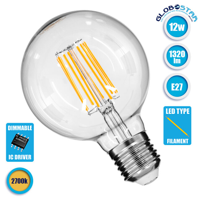 Λάμπα E27 G95 Γλόμπος LED LONG FILAMENT 12W 1320 lm 320° AC 85-265V Edison Retro με Διάφανο Γυαλί Θερμό Λευκό 2700 K  99011