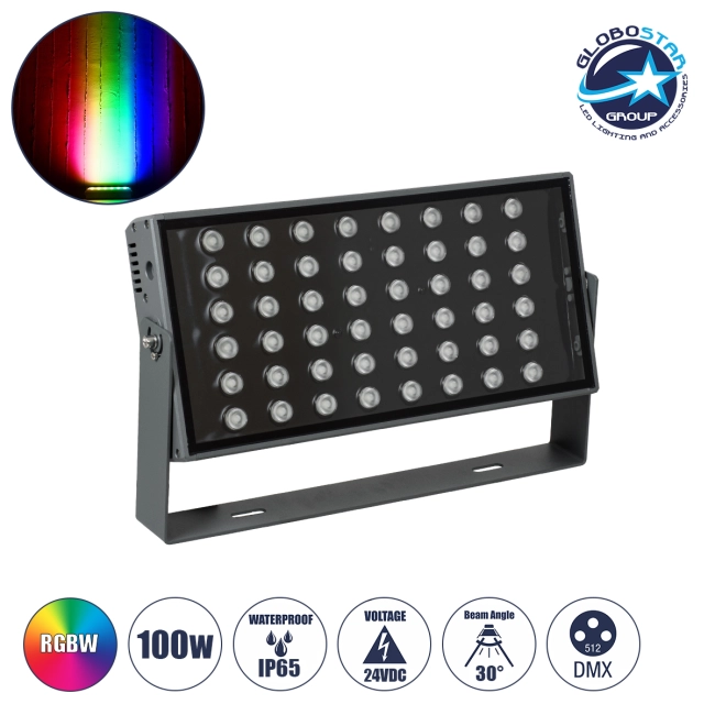 FLOODZANA 90559 Προβολέας Σποτ Wall Washer LED 100W 8000lm 30° DC 24V Αδιάβροχο IP65 Πολύχρωμο RGBW Dimmable DMX512 - Bridgelux SMD Chip - Γκρι Ανθρακί - Μ45.5 x Π28 x Υ10cm - 3 Χρόνια Εγγύηση