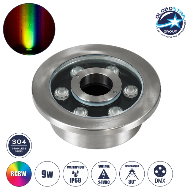 UNDERWATER-DENIS 90437 Υποβρύχιο Χωνευτό Φωτιστικό Σποτ Ειδικό για Σιντριβάνια - Πισίνες - Τζακούζι LED 9W 765lm 30° DC 24V Αδιάβροχο IP68 Φ16.7 x Υ7.5cm RGBW DMX512 - Ανοξείδωτο Ατσάλι SS304 - 3 Years Warranty