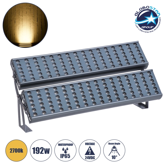 FLOOD-TENA 90225 Προβολέας Wall Washer για Φωτισμό Κτιρίων LED 192W 17280lm 10° DC 24V Αδιάβροχο IP65 L68.5 x W33 x H24cm Θερμό Λευκό 2700K - Ασημί - 3 Years Warranty