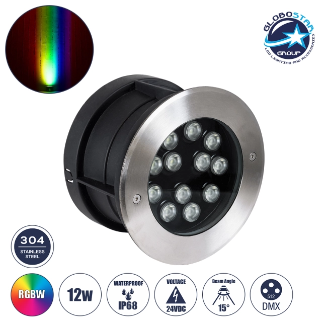 UNDERWATER-JULIA 90570 Υποβρύχιο Χωνευτό Φωτιστικό Σποτ Ειδικό για Σιντριβάνια LED 12W 1020lm 15° DC 24V Αδιάβροχο IP68 Φ18 x Υ11.2cm RGBW DMX512 - Ανοξείδωτο Ατσάλι - 3 Years Warranty