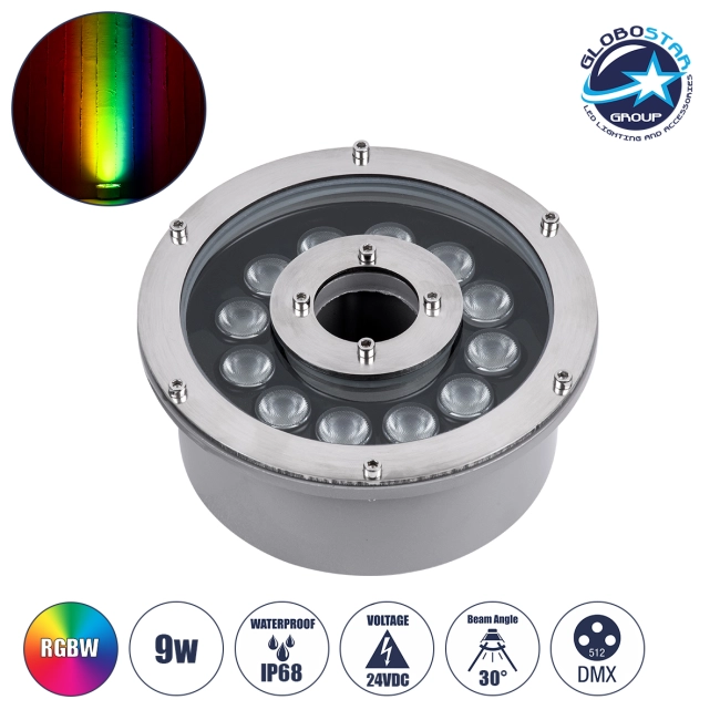UNDERWATER-FINA 90675 Υποβρύχιος Προβολέας Σποτ για Σιντριβάνια/Πισίνες LED 9W 945lm 30° DC 24V Αδιάβροχο IP68 RGBW DMX512 Dimmable - Ανοξείδωτο Ατσάλι 304 - Φ16 x Υ8cm - 3 Χρόνια Εγγύηση