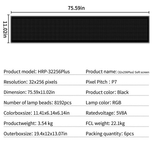 MATRIX GLB-106-0013 Εύκαμπτη Κυλιόμενη Ψηφιακή Επιγραφή 192x28cm P7 256x32 Pixel LED 40W AC 220-240V Αδιάβροχο IP65 Πολύχρωμο RGB - Bluetooth Control μέσω iPIXEL APP - Μ192 x Π0.4 x Υ28cm - 2 Χρόνια Εγγύηση - 15