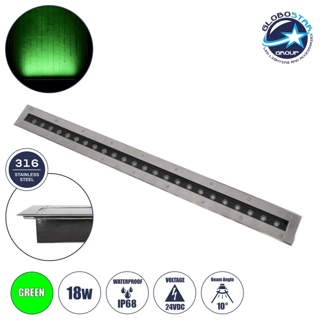 UNDERGROUND-REMVI 90194-G Χωνευτό Φωτιστικό Wall Washer Δαπέδου LED 18W 1440lm 10° DC 24V Αδιάβροχο IP68 L100 x W9 x H7.2cm Πράσινο - Ανοξείδωτο Ατσάλι - 3 Years Warranty