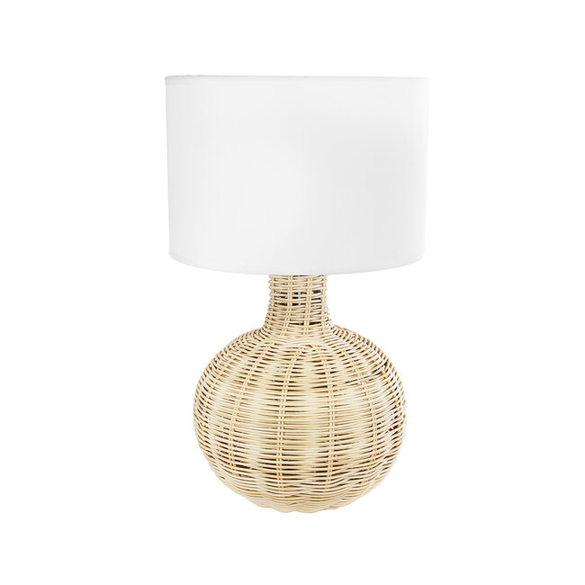 SHIZUMI 01959 Boho Επιτραπέζιο Φωτιστικό Πορτατίφ Μονόφωτο 1 x E27 AC220-240V IP20 - Φ30 x Υ50cm - Μπεζ Ξύλινο Πλέγμα με Λευκό Καπέλο - 5 Χρόνια Εγγύηση