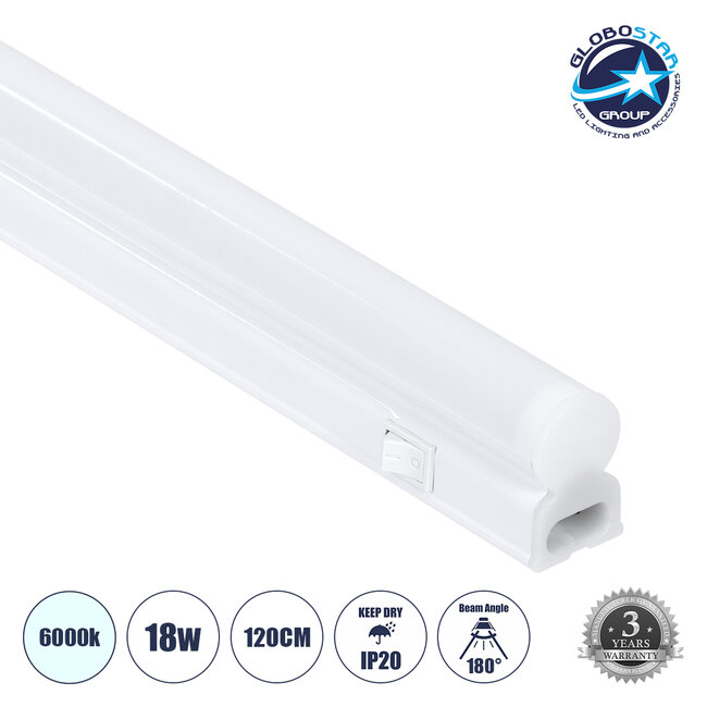 TUBO 60790 Γραμμικό Φωτιστικό Οροφής Linear LED Τύπου T5 Επεκτεινόμενο 18W 1800lm 180° AC 220-240V IP20 Πάγκου Κουζίνας με Διακόπτη On/Off Μ120 x Π2.2 x Υ3.5cm Ψυχρό Λευκό 6000K - Λευκό - 3 Years Warranty