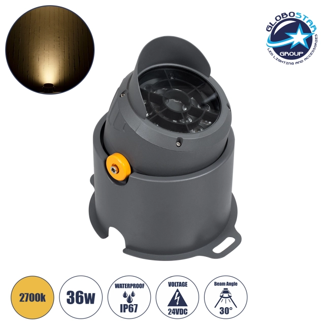 FLOODSIMA 90495 Κινούμενος Προβολέας Σποτ Wall Washer με Αντιθαμβωτική Γρίλια LED 36W 3240lm 30° DC 24V Αδιάβροχο IP67 Θερμό Λευκό 2700K Dimmable - Bridgelux SMD Chip - Γκρι Ανθρακί - Μ21 x Π26 x Υ27cm - 3 Χρόνια Εγγύηση