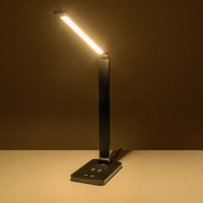 TEBLA 60482 Μοντέρνο Επιτραπέζιο Φωτιστικό Γραφείου με Ασύρματη Φόρτιση 5W 1A LED 5W 500lm 120° AC 220-240V IP20 Ρυθμιζόμενο Λευκό CCT με Αφή 2700K/4500K/6000K Dimmable - Bridgelux SMD Chip - Μαύρο - Μ11 x Π31 x Υ52cm - 2 Χρόνια Εγγύηση - 15