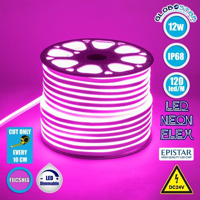 70567 OVALE 120° Degree Neon Flex Epistar LED SMD 2835 1m 12W/m 120LED/m 1212lm/m 120° DC 24V Αδιάβροχη IP68 Ροζ Dimmable