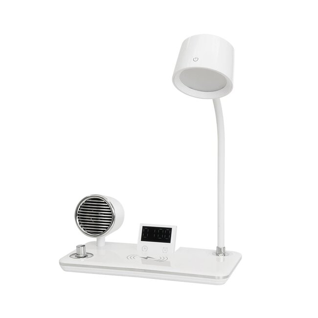 OLDY 76557 Μοντέρνο Επιτραπέζιο Φωτιστικό Γραφείου με Ασύρματη Φόρτιση 15W 3A, 5W Bluetooth Ηχείο & Ψηφιακό Ρολόι LED 3W 300lm 120° DC 5V με USB-C IP20 Ρυθμιζόμενο Λευκό CCT με Αφή 2700K/4500K/6000K Dimmable - Sanan SMD Chip - Λευκό - Μ13 x Π25 x Υ38cm - 2 Χρόνια Εγγύηση