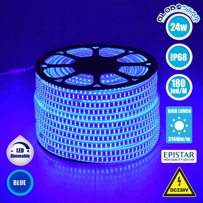 70516 Wide Ταινία Διπλής Σειράς Epistar LED SMD 2835 1m 24W/m 180LED/m 3144lm/m 120° DC 230V Αδιάβροχη IP68 Μπλε Dimmable