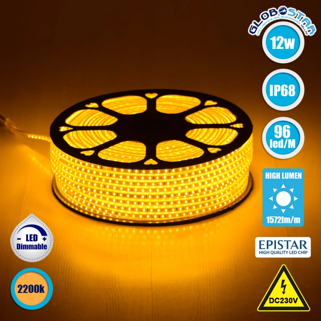 70503 Slim Ταινία Μονής Σειράς Epistar LED SMD 2835 1m 12W/m 96LED/m 1572lm/m 120° DC 230V Αδιάβροχη IP68 Ultra Θερμό Λευκό 2200K Dimmable