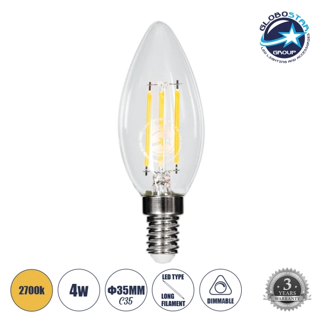 CANDLE 99001 Λάμπα Κεράκι E14 C35 LED 4W 400lm 360° AC 220-240V IP20 Θερμό Λευκό 2700K Dimmable - Long Filament Chip - Διάφανο - Μ3.5 x Π3.5 x Υ10.5cm - 3 Χρόνια Εγγύηση CANDLE 99001 Λάμπα Κεράκι E14 C35 LED 4W 400lm 360° AC 220-240V IP20 Θερμό Λευκό 2700K Dimmable - Long Filament Chip - Διάφανο - Μ3.5 x Π3.5 x Υ10.5cm - 3 Χρόνια Εγγύηση