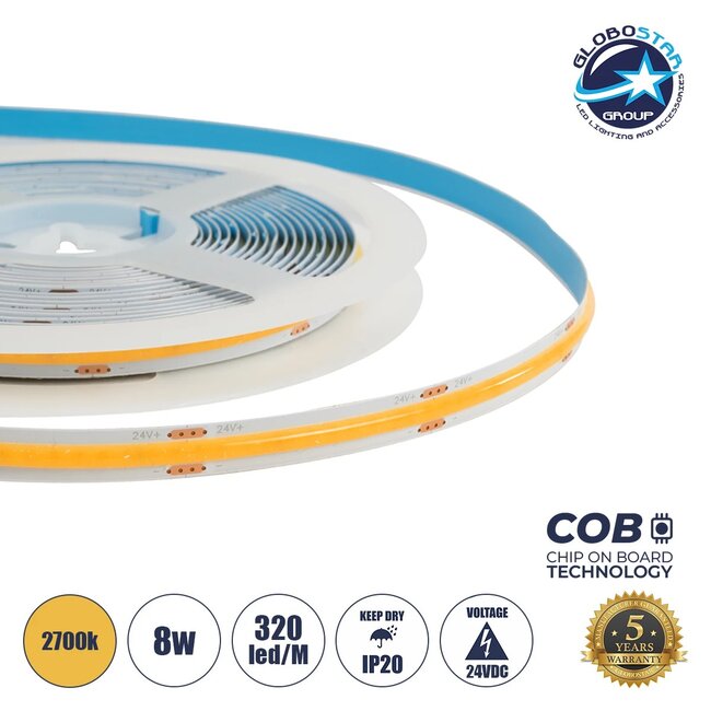 BEE 70361 Ταινία LED 8W/m 720lm/m 120° DC 24V IP20 320 x COB Chip/m Θερμό Λευκό 2700K Dimmable - Μ500 x Π0.8 x Υ0.2cm - Ρολό 5 Μέτρων - 5 Χρόνια Εγγύηση BEE 70361 Ταινία LED 8W/m 720lm/m 120° DC 24V IP20 320 x COB Chip/m Θερμό Λευκό 2700K Dimmable - Μ500 x Π0.8 x Υ0.2cm - Ρολό 5 Μέτρων - 5 Χρόνια Εγγύηση