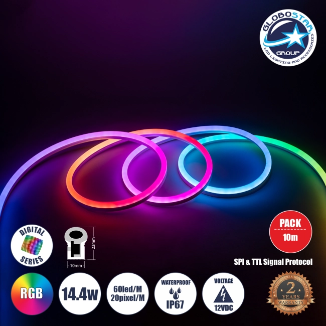 NEONIO 90755 Digital Pixel Addressable Neon Strip - Ψηφιακή Ταινία Neon Flex LED SMD 5050 14.4W/m 60LED/m 20PIXEL/m SPI/TTL Protocol IC SM16703P/WS2811/WS2812 864lm/m 180° DC 12V Αδιάβροχη IP67 Πολύχρωμη RGB - Λευκό Σώμα - Μ1000 x Π1 x Υ2.3cm - Συσκευασία 10 Μέτρων - 2 Χρόνια Εγγύηση