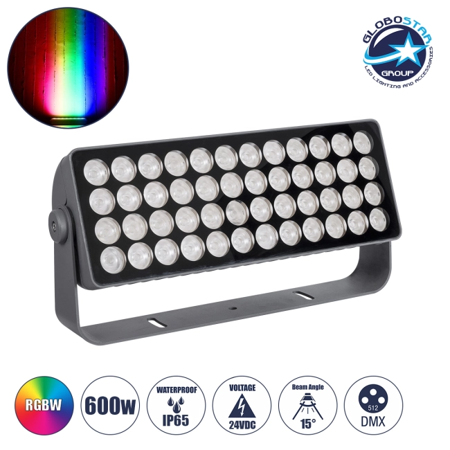 FLOOD-TURBO 90733 Προβολέας Wall Washer για Φωτισμό Κτιρίων LED 600W 33490lm 15° DC 24V Αδιάβροχο IP65 Μ50 x Π18.5 x Υ12.5cm Πολύχρωμο RGBW DMX512 - Γκρι Ανθρακί - 3 Χρόνι+C626α Εγγύηση