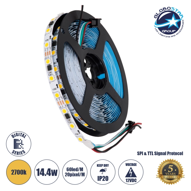 DIGIPRO 90588 Ψηφιακή Pixel Addressable Ταινία LED 14.4W/m 1296lm/m 120° DC 12V IP20 60 x SMD5050 Chip/m 20 x Pixel/m Θερμό Λευκό 2700K Dimmable SPI/TTL Protocol IC WS2811/UCS16703 - Sanan SMD Chip - Μ500 x Π1 x Υ0.2cm - Ρολό 5 Μέτρων - 5 Χρόνια Εγγύηση