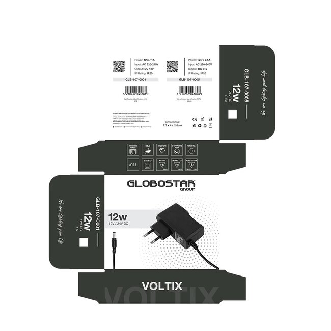VOLTIX GLB-107-0005 Τροφοδοτικό/Μετασχηματιστής Class II SELV 12W 0.5A AC 220-240V σε DC 24V IP20 - Μαύρο Ματ - Μ7.3 x Π4 x Υ2.8cm - 3 Χρόνια Εγγύηση - 8