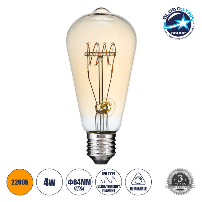 99082 Λάμπα LED Ultra Thin Soft S Spiral Filament E27 ST64 Αχλάδι 4W 280lm 360° AC 220-240V IP20 Φ6.4 x Υ14cm Ultra Θερμό Λευκό 2200K με Μελί Γυαλί - Dimmable - 3 Years Warranty