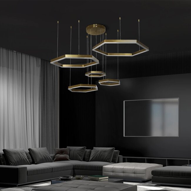 kelvo® LEXAGON KLV-101-0180 Κρεμαστό Φωτιστικό Οροφής LED 120W 12000lm 200° AC 220-240V IP20 Ρυθμιζόμενο Λευκό CCT με Χειριστήριο από 2700K έως 6000K Dimmable - Lumileds SMD Chip - Χρυσό Πλατίνα - Μ110 x Π90 x Υ110cm - 3 Χρόνια Εγγύηση