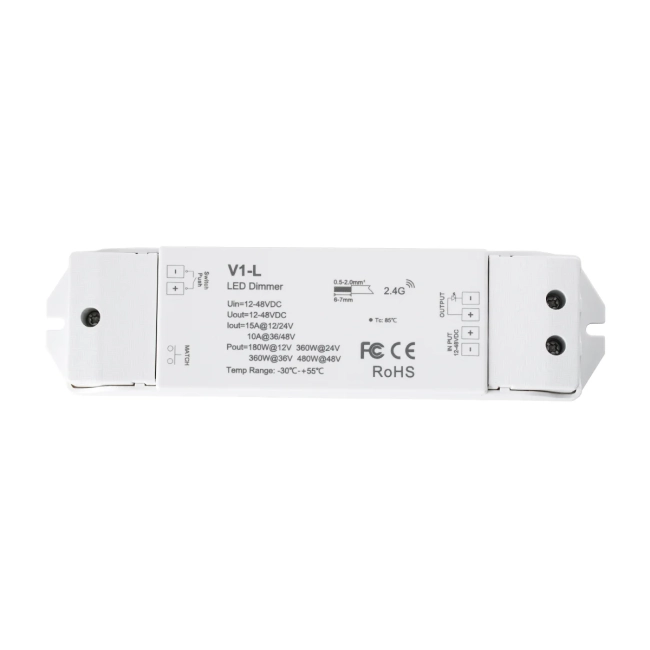  SKYDANCE-V1-L 71568 DC RF 2.4Ghz & Push Dimmer / Controller με 1 x 15A 480W Κανάλι DC 12-48V 15A 480W Max IP20 - RF 2.4Ghz & Push Dimming - Μ17.5 x Π4.5 x Υ2.5cm - 5 Χρόνια Εγγύηση