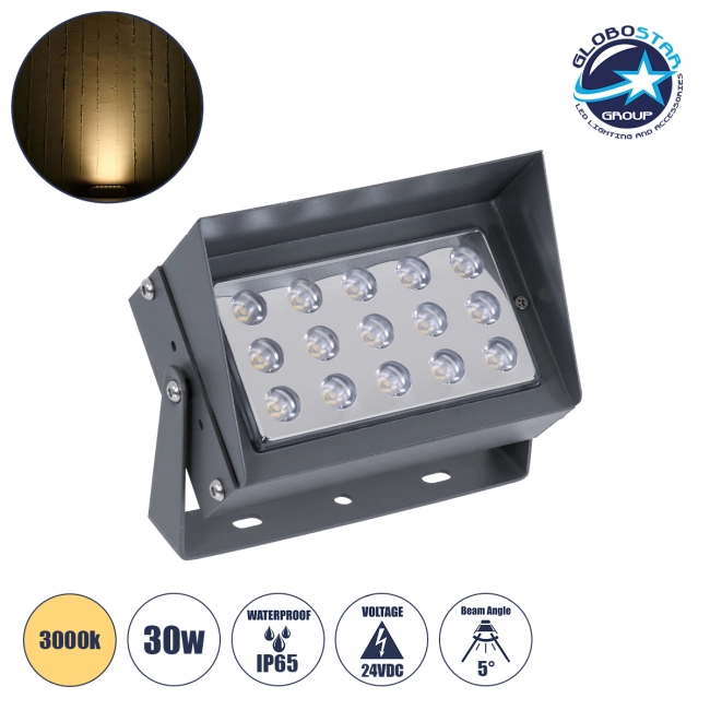  FLOODKAMY 90372 Προβολέας Σποτ Wall Washer με Αντιθαμβωτική Γρίλια LED 30W 3300lm 5° DC 24V Αδιάβροχο IP65 Θερμό Λευκό 2700K Dimmable - Bridgelux SMD Chip - Γκρι Ανθρακί - Μ19.5 x Π10.7 x Υ9.5cm - 3 Χρόνια Εγγύηση