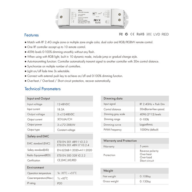 71547 V3-L SKYDANCE DC RF 2.4Ghz Dimmer High Speed Controller & Push Dimming 3 Κανάλια DC 12-48V 3 x 6A 288W - Max 18.5A 288W - IP20 Μ17.5 x Π4.5 x Υ2.5cm - 5 Years Warranty - 9