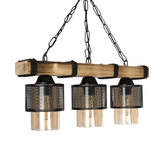 GLORA 201-0009 Vintage Κρεμαστό Φωτιστικό Ράγα Τρίφωτο 3 x E27 IP20 Μπεζ Ξύλο με Μαύρο Μέταλλο & Μελί Γυαλί - Μ50 x Π16 x Υ65cm - 4