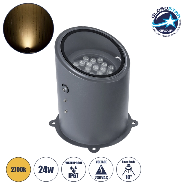 FLOOD-MILO 90737 Κινούμενος Προβολέας - Σποτ Φωτισμού Wall Washer για Φωτισμό Κτιρίων LED 24W 2160lm 10° AC 220-240V Αδιάβροχο IP67 Φ22 x Υ30cm Θερμό Λευκό 2700K - Γκρι Ανθρακί - 3 Χρόνια Εγγύηση