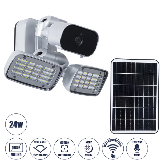 86045 Αυτόνομος Ηλιακός Προβολέας LED SMD 24W 1200lm με IP Camera 1080P 2MP 4G SIM CARD WiFi 150° Ενσωματωμένη Μπαταρία 3200mAh Φωτοβολταϊκό Πάνελ Αισθητήρα Ημέρας-Νύχτας & Ρύθμιση Χρόνου Ανάμματος Αδιάβροχος IP66 Ψυχρό Λευκό 6000K - Ασημί - 2