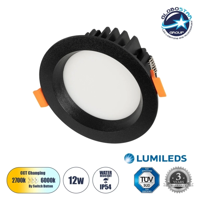  WATERA 60897 Χωνευτό Downlight Σποτ Panel Μπάνιου LED 12W 1500lm 120° AC 220-240V Αδιάβροχο IP54 Ρυθμιζόμενο Λευκό CCT με Διακόπτη στο Σώμα 2700K/4500K/6000K Dimmable - Lumileds SMD Chip & TÜV SÜD Driver - Μαύρο Ματ - Μ10.8 x Π10.8 x Υ3.2cm / Q9cm - 3 Χρόνια Εγγύηση